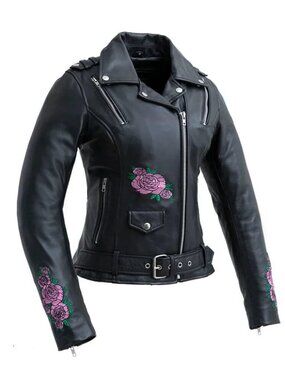 Women's Black Genuine Leather Moto Biker Jacket Zip Front with CE Armors Jacket